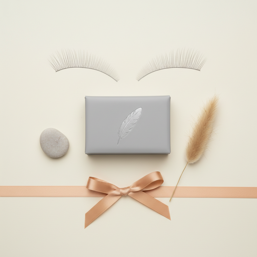 A minimalist brand flat-lay for Featherlight Lash Co.: a matte ivory background with a central, closed lash case in soft dove grey, embossed with a subtle metallic feather icon. Around it, gently curved individual lash fans form a delicate, radiating pattern reminiscent of a bird’s wing. Small accents include a pale stone, a sprig of dried pampas grass, and a narrow satin ribbon in warm champagne. Soft, diffused studio lighting from above creates barely-there shadows and highlights the fine textures without harsh contrast. Photographic realism with top-down composition and clean negative space, evoking a sophisticated, airy, high-end aesthetic aligned with a premium lash extension brand.