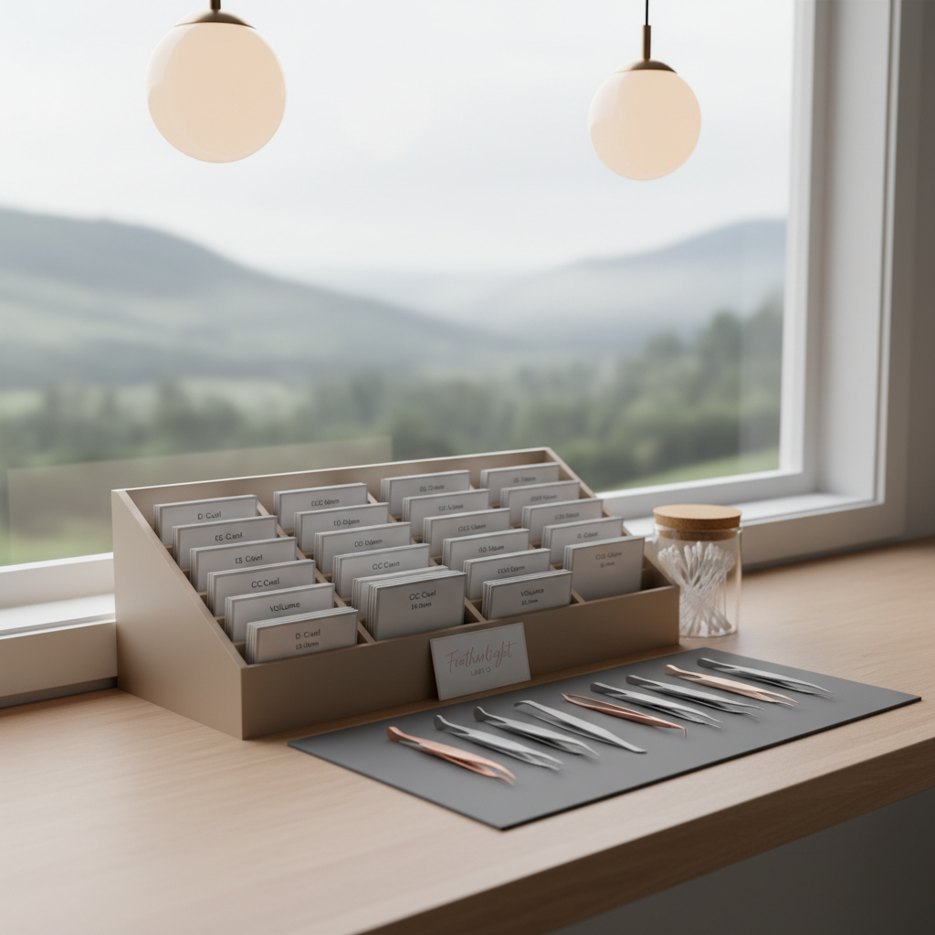 A carefully styled lash artist’s workstation, featuring a matte champagne-colored organizer holding rows of labeled lash palettes, a soft grey silicone mat with precisely placed tweezers, and a glass jar of cotton swabs, all on a pale wood countertop. Behind the station, a large window reveals a distant, misty valley and rolling hills, rendered softly out of focus. Overhead, warm pendant lighting combines with gentle daylight to create layered, flattering illumination and subtle reflections on the glass and metal surfaces. Photographic realism, shot from a slightly elevated three-quarter angle with medium depth of field, conveys a sense of meticulous care, calm efficiency, and understated luxury appropriate for Featherlight Lash Co.