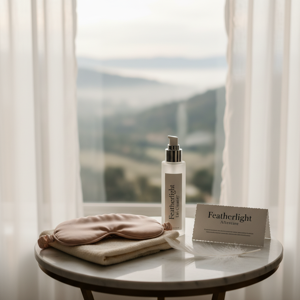 A serene lash aftercare vignette on a small marble-topped side table: a slender frosted glass bottle of lash cleanser, a pale blush silk eye mask, a folded ivory washcloth, and a minimalist card titled “Featherlight Aftercare” in elegant serif typography. A single soft feather rests beside the card. The table is placed near a large window with sheer curtains, revealing a dreamy, out-of-focus valley view washed in soft morning light. Photographic realism, shot at a shallow angle with selective focus on the products, leaving the curtains and landscape in gentle bokeh. The mood is nurturing, refined, and peaceful, emphasizing longevity and care for lash extensions in a sophisticated spa environment.
