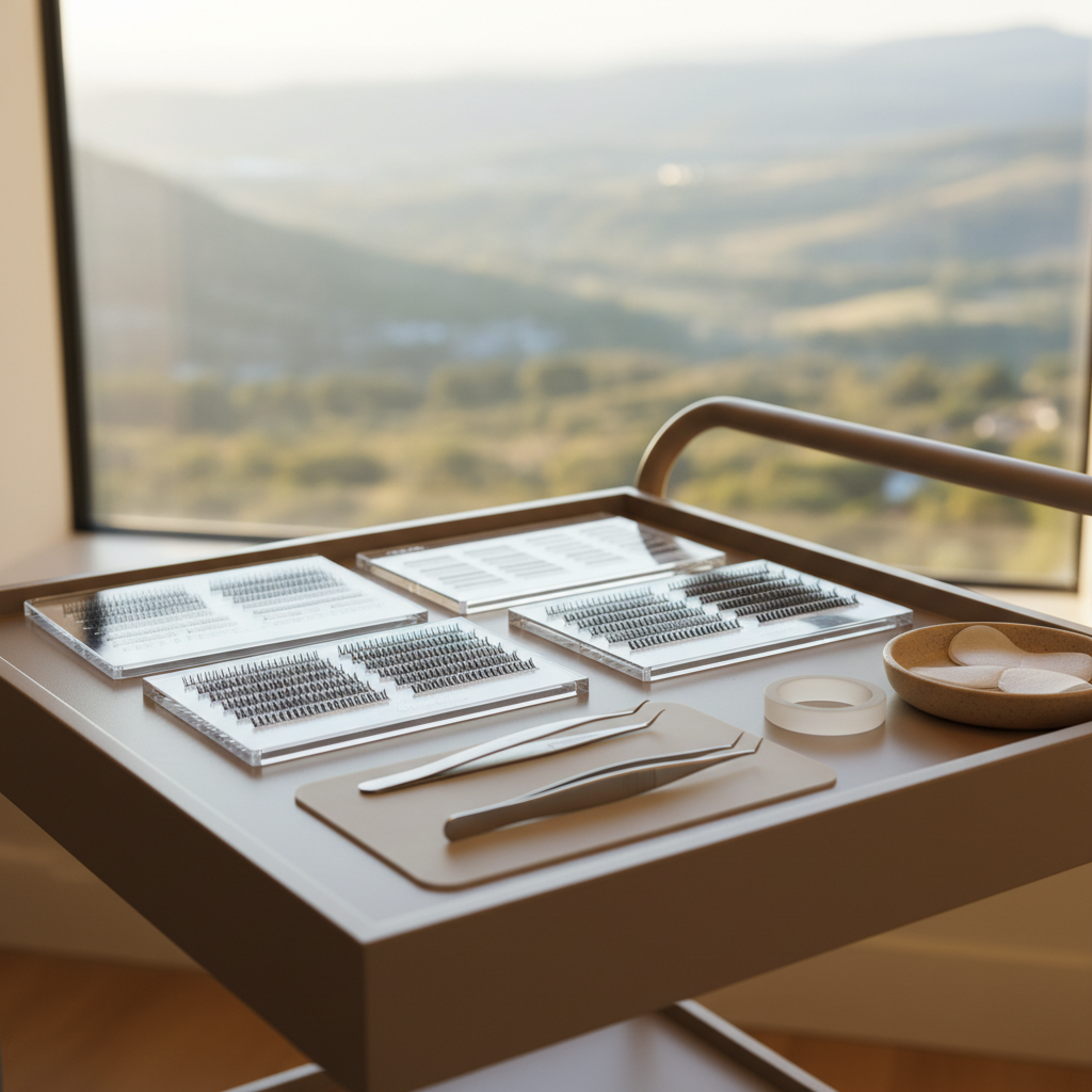 A refined lash extension treatment setup arranged on a smooth, taupe spa trolley, featuring neatly organized trays of various curl and length lash extensions, sleek silver tweezers, a frosted glass adhesive ring, and a sand-colored ceramic dish holding soft under-eye pads. The trolley is positioned near a large window overlooking a hazy valley landscape, visible as a blurred backdrop. Diffused natural daylight fills the room, creating a serene glow and subtle reflections on the metal tools. Photographic realism with a three-quarter angle composition, moderate depth of field, and a warm, sophisticated atmosphere that suggests precision and relaxation in a boutique lash studio.