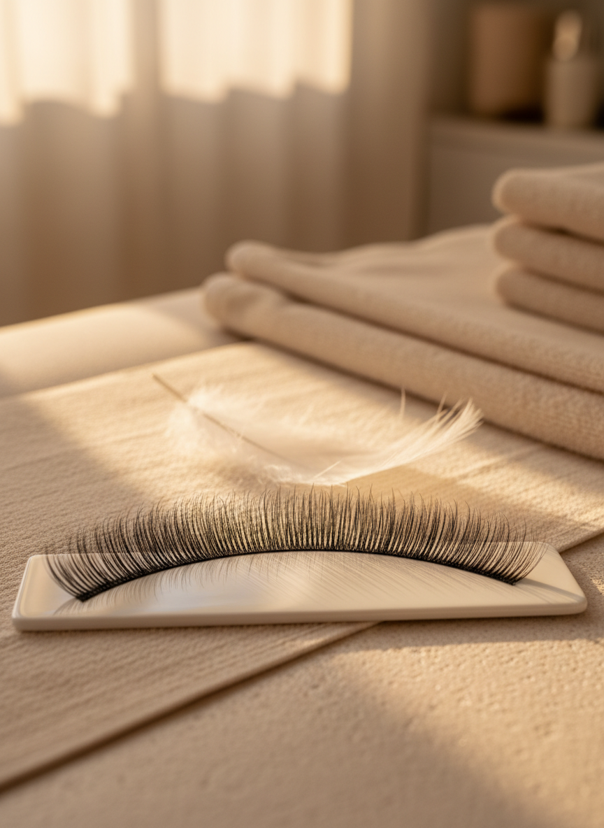 An elegant close-up of a perfectly fanned set of lash extensions resting on a pristine white porcelain lash tile, each ultra-fine, matte-black fiber aligned in a delicate curve that suggests soft, featherlight volume. The tile sits atop a pale stone treatment bed beside folded cream towels and a single white feather. Warm, late-afternoon natural light pours in from an unseen window, creating gentle highlights on the tile and soft shadows across the linens. Photographic realism, shot at eye level with a shallow depth of field, leaving the background as a creamy bokeh. The mood is sophisticated, calm, and luxurious, suited for a high-end lash extension mini spa.