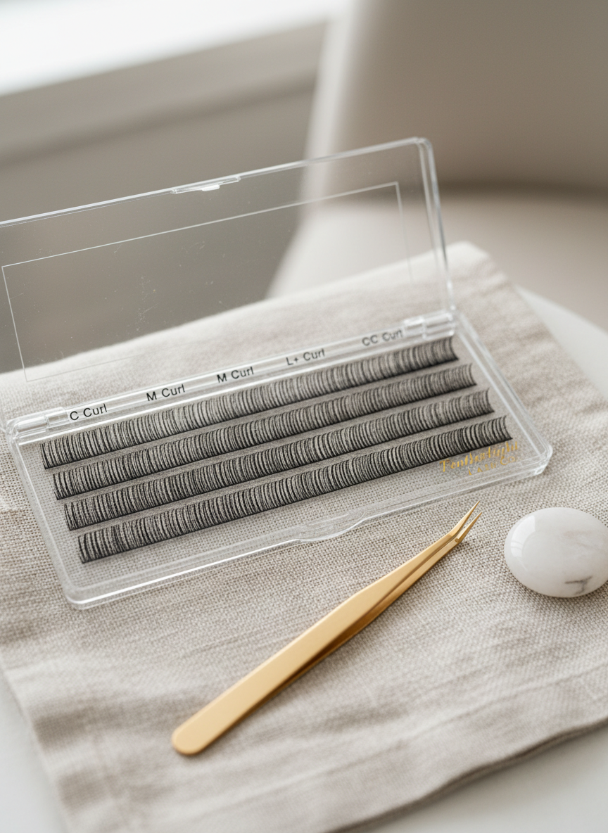 A close, detailed shot of an open lash extension palette, each row of curls labeled in delicate sans-serif lettering, the ultra-fine black fibers arranged in perfect parallel lines that subtly catch the light. The palette rests on a textured beige linen cloth beside a slim, gold-toned tweezer and a small quartz stone. Soft window light from the side creates gentle, directional shadows and highlights the texture of the lashes and fabric. The background falls into creamy blur, hinting at a neutral-toned treatment room. Photographic realism, captured with a macro lens and shallow depth of field, gives a luxurious, meticulous impression that underscores the precision and sophistication of Featherlight Lash Co.
