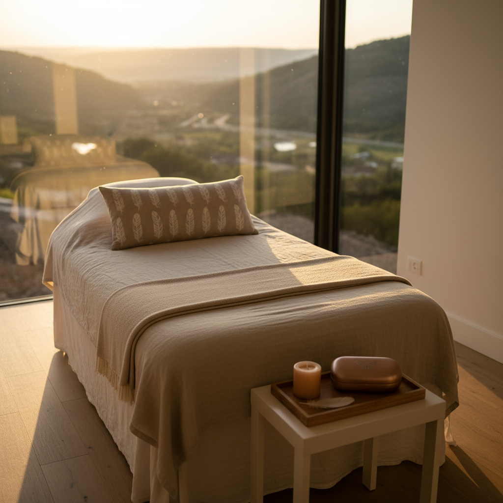 A plush, linen-covered treatment bed in a cozy mini spa, styled with a light oatmeal throw blanket and a feather-patterned lumbar pillow, oriented toward a floor-to-ceiling window that opens to a softly focused valley view at golden hour. On a nearby minimalist side table rests a small tray with a white feather, a sand-colored candle, and a closed lash extension case embossed with a subtle metallic logo. The scene is captured in photographic realism, with warm, low-angle sunlight bathing the room in a gentle amber glow, casting long, delicate shadows. Shot from an elevated corner, using the rule of thirds to highlight both the bed and the view, the mood is tranquil, sophisticated, and inviting.