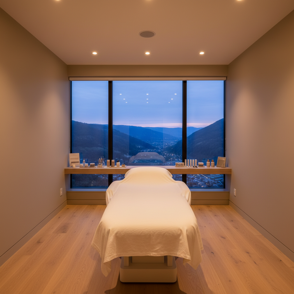 An atmospheric wide shot of a boutique lash studio interior, where a single treatment bed with crisp white linens faces a panoramic window overlooking a layered valley at dusk, distant lights just beginning to twinkle. The room features muted beige walls, a light oak floor, and a slim console with neatly arranged lash supplies in soft neutral tones. Recessed ceiling lights and a hidden LED strip behind the headboard create a warm, enveloping glow that complements the cool blue-violet tones of the evening sky. Photographic realism, captured from the entrance with a wide-angle lens and sharp focus throughout, conveys a serene, exclusive retreat high above the valley, designed purely for featherlight lash experiences.