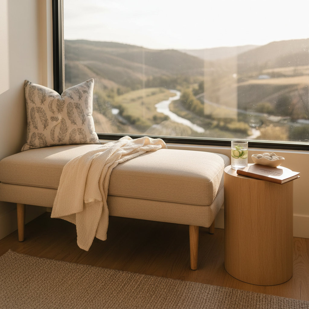 A tranquil corner of the mini spa featuring a low, cushioned bench in soft sand-colored fabric, draped with a lightweight cream throw and accented by a feather-patterned cushion. Next to it stands a slim side table holding a glass of infused water, a small ceramic bowl filled with white stones, and a closed appointment book subtly labeled “Featherlight Lash Co.”. Behind the bench, a large window frames a softly blurred valley bathed in late-afternoon light. Photographic realism, with warm, natural illumination and gentle lens flare at the edge of the frame. Captured at eye level with moderate depth of field, the mood is welcoming, sophisticated, and calm, suggesting a quiet lounge area before or after lash extension services.
