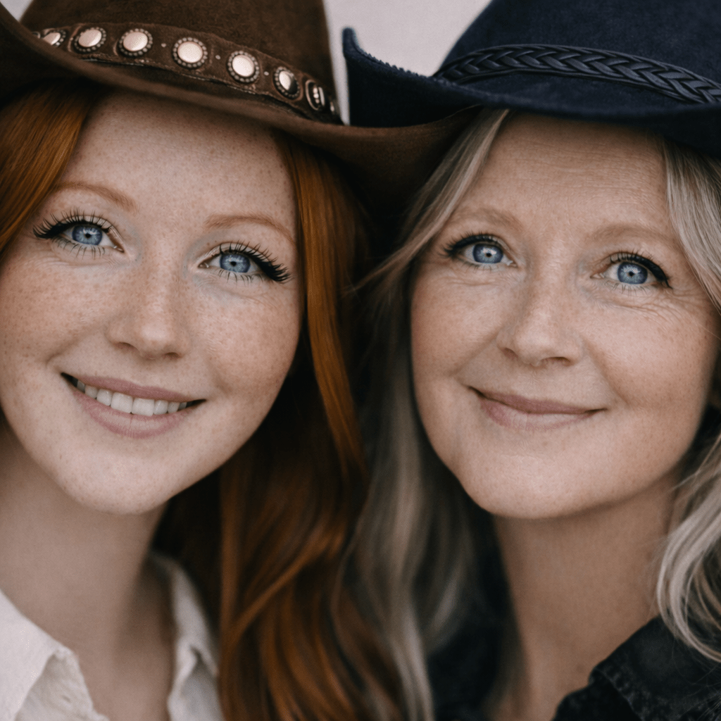Two smiling women wearing western hats and casual shirts