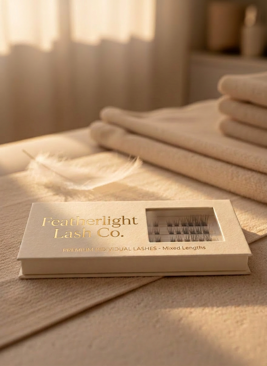An elegant close-up of a perfectly fanned set of lash extensions resting on a pristine white porcelain lash tile, each ultra-fine, matte-black fiber aligned in a delicate curve that suggests soft, featherlight volume. The tile sits atop a pale stone treatment bed beside folded cream towels and a single white feather. Warm, late-afternoon natural light pours in from an unseen window, creating gentle highlights on the tile and soft shadows across the linens. Photographic realism, shot at eye level with a shallow depth of field, leaving the background as a creamy bokeh. The mood is sophisticated, calm, and luxurious, suited for a high-end lash extension mini spa.