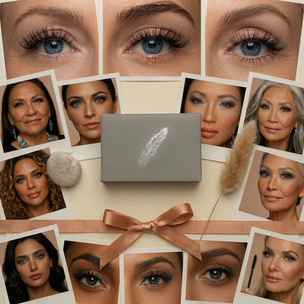 lash extensions A minimalist brand flat-lay for Featherlight Lash Co.: a matte ivory background with a central, closed lash case in soft dove grey, embossed with a subtle metallic feather icon. Around it, gently curved individual lash fans form a delicate, radiating pattern reminiscent of a bird’s wing. Small accents include a pale stone, a sprig of dried pampas grass, and a narrow satin ribbon in warm champagne. Soft, diffused studio lighting from above creates barely-there shadows and highlights the fine textures without harsh contrast. Photographic realism with top-down composition and clean negative space, evoking a sophisticated, airy, high-end aesthetic aligned with a premium lash extension brand.