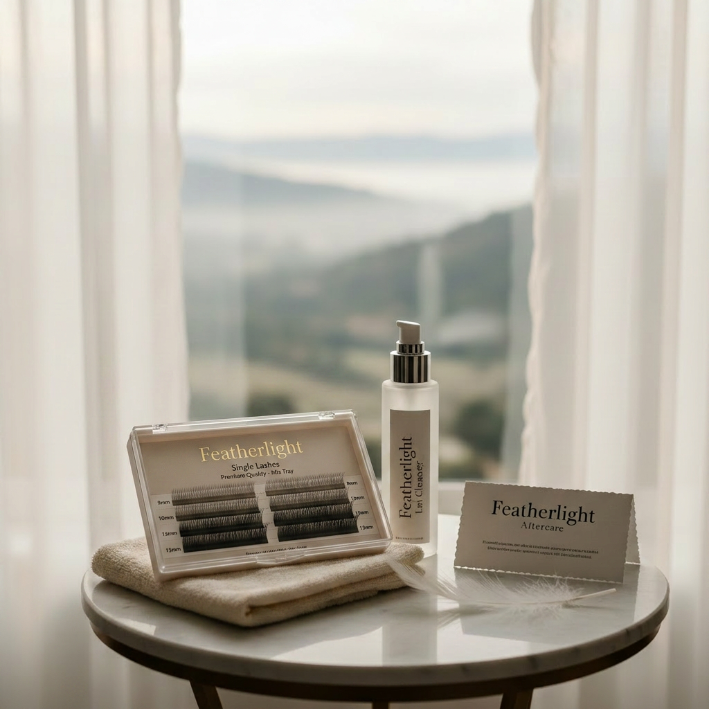 lash extensions A serene lash aftercare vignette on a small marble-topped side table: a slender frosted glass bottle of lash cleanser, a pale blush silk eye mask, a folded ivory washcloth, and a minimalist card titled “Featherlight Aftercare” in elegant serif typography. A single soft feather rests beside the card. The table is placed near a large window with sheer curtains, revealing a dreamy, out-of-focus valley view washed in soft morning light. Photographic realism, shot at a shallow angle with selective focus on the products, leaving the curtains and landscape in gentle bokeh. The mood is nurturing, refined, and peaceful, emphasizing longevity and care for lash extensions in a sophisticated spa environment.
